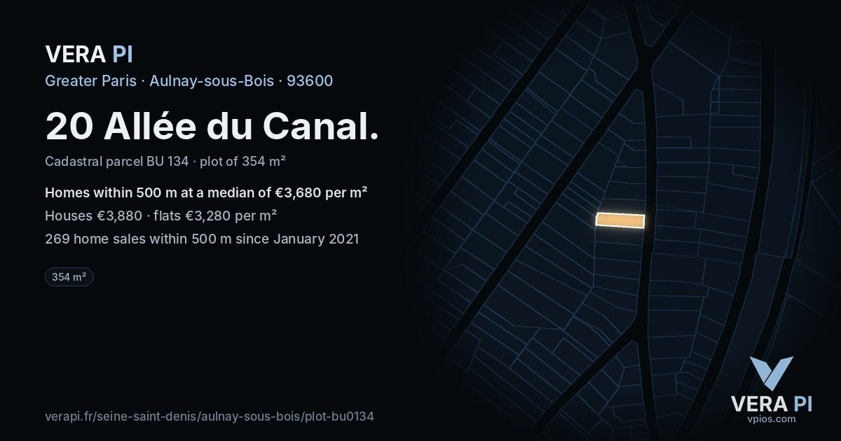 20 Allée du Canal, Aulnay-sous-Bois at night – the plot lit, the parcels around coloured by the prices near them