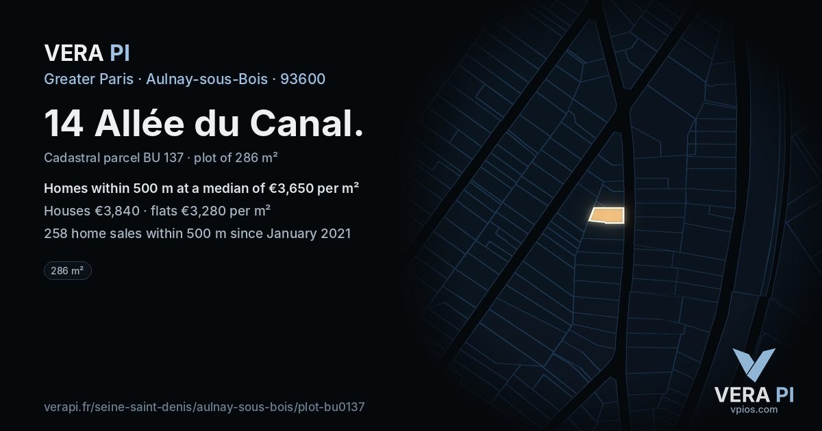 14 Allée du Canal, Aulnay-sous-Bois at night – the plot lit, the parcels around coloured by the prices near them