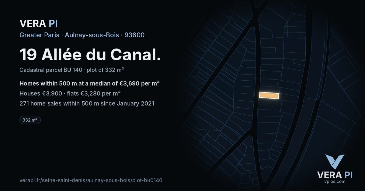 19 Allée du Canal, Aulnay-sous-Bois at night – the plot lit, the parcels around coloured by the prices near them