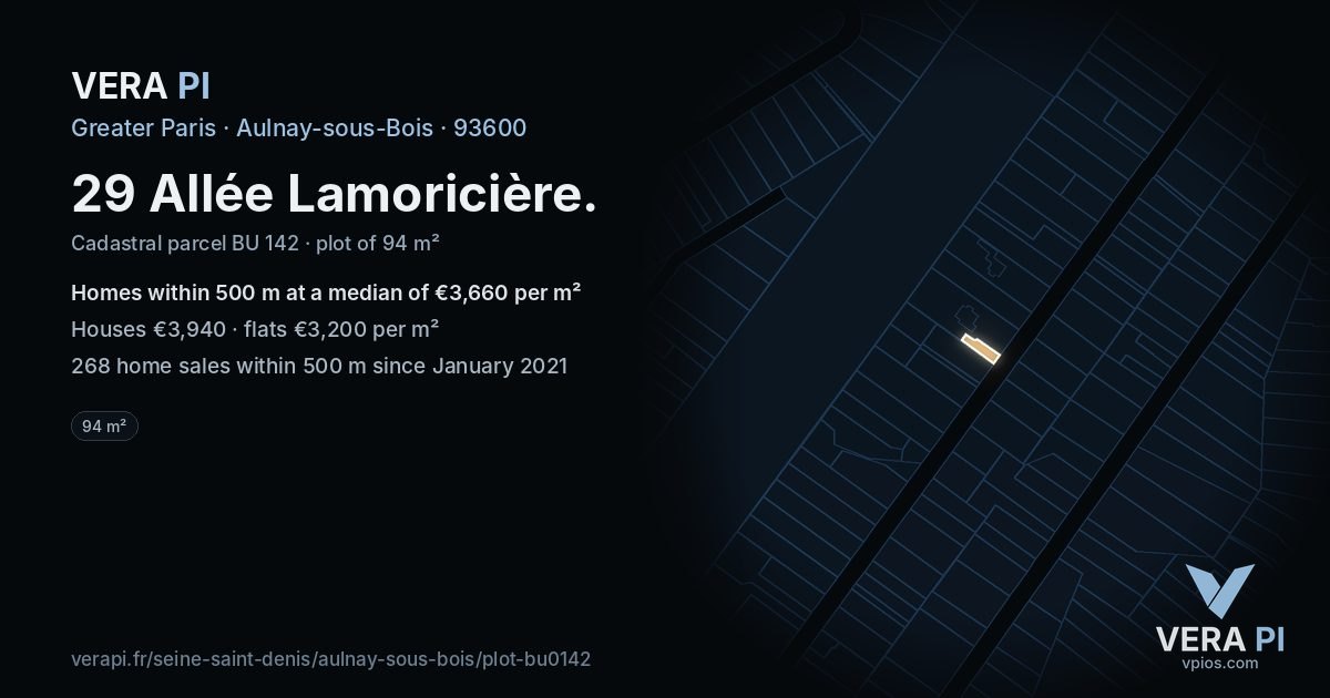 29 Allée Lamoricière, Aulnay-sous-Bois at night – the plot lit, the parcels around coloured by the prices near them