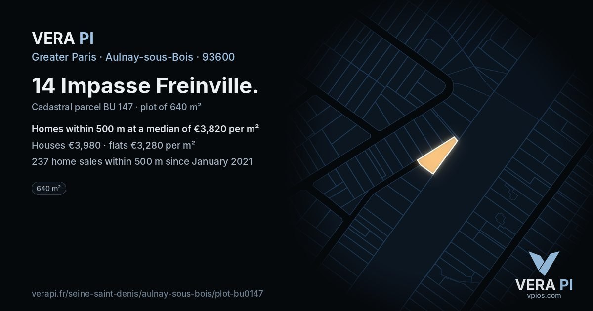 14 Impasse Freinville, Aulnay-sous-Bois at night – the plot lit, the parcels around coloured by the prices near them