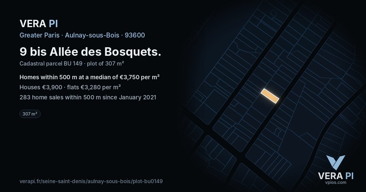 9 bis Allée des Bosquets, Aulnay-sous-Bois at night – the plot lit, the parcels around coloured by the prices near them