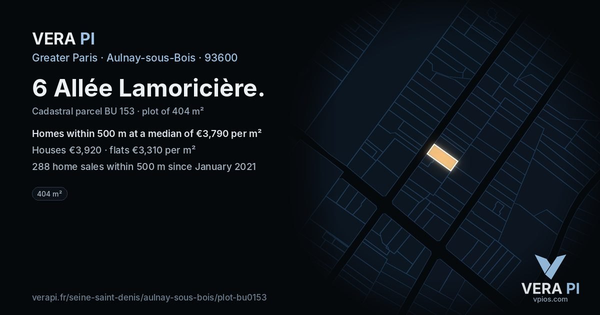 6 Allée Lamoricière, Aulnay-sous-Bois at night – the plot lit, the parcels around coloured by the prices near them