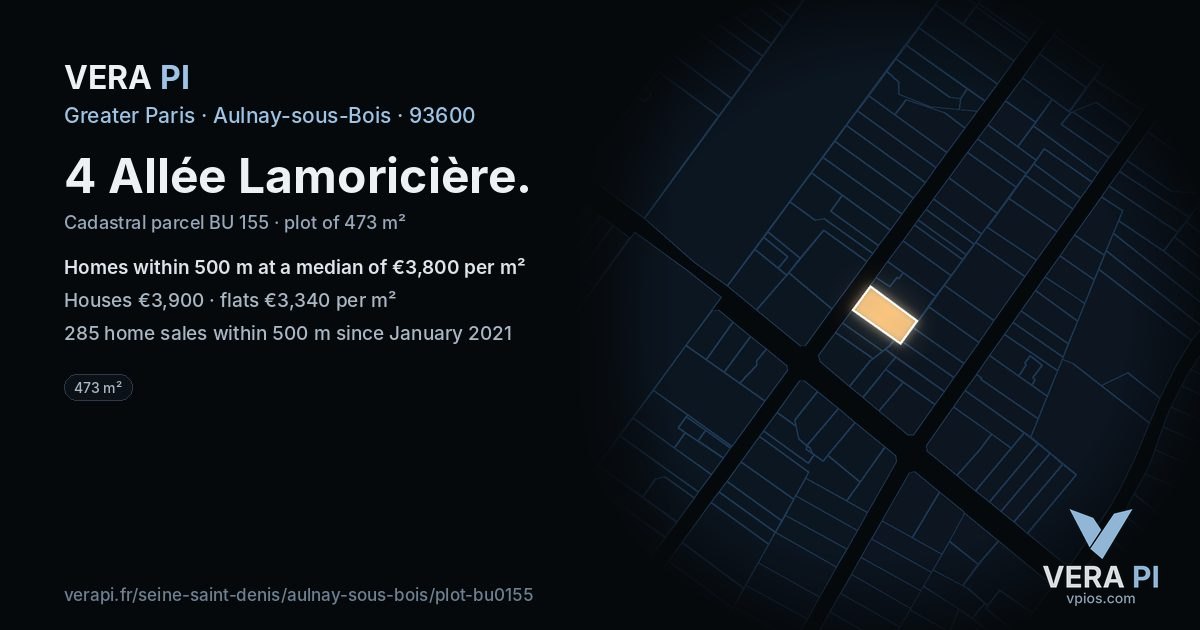 4 Allée Lamoricière, Aulnay-sous-Bois at night – the plot lit, the parcels around coloured by the prices near them