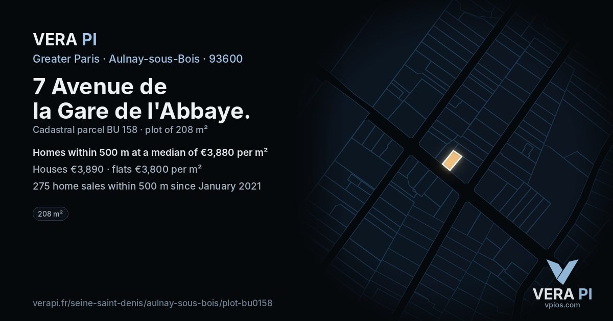 7 Avenue de la Gare de l'Abbaye, Aulnay-sous-Bois at night – the plot lit, the parcels around coloured by the prices near them