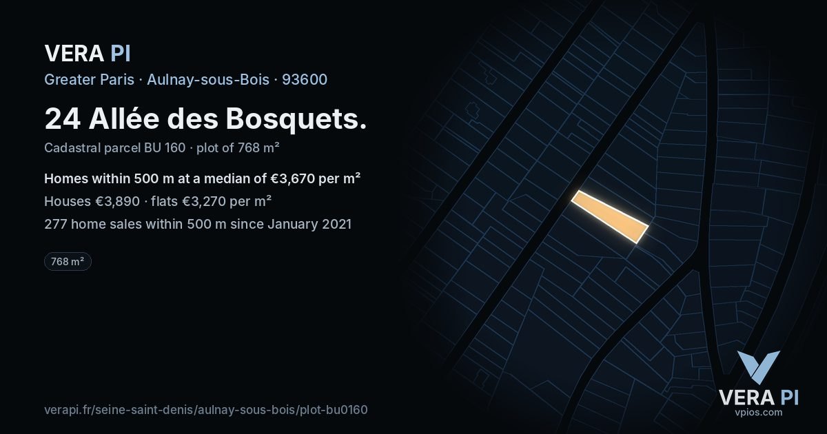 24 Allée des Bosquets, Aulnay-sous-Bois at night – the plot lit, the parcels around coloured by the prices near them