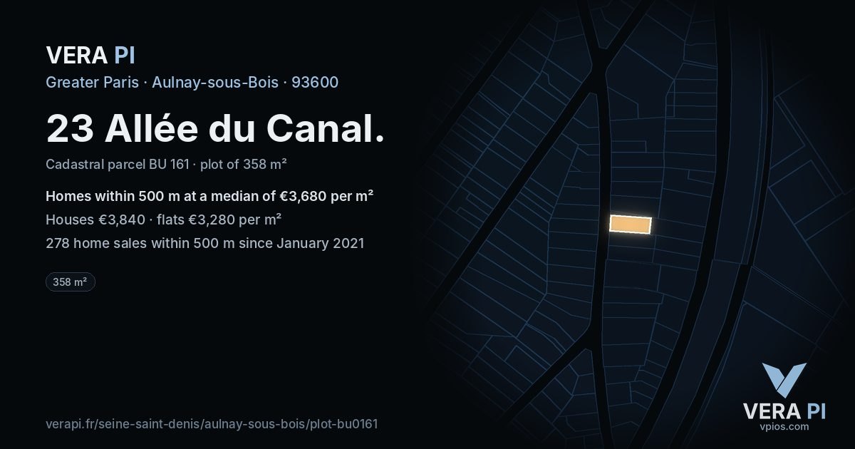 23 Allée du Canal, Aulnay-sous-Bois at night – the plot lit, the parcels around coloured by the prices near them