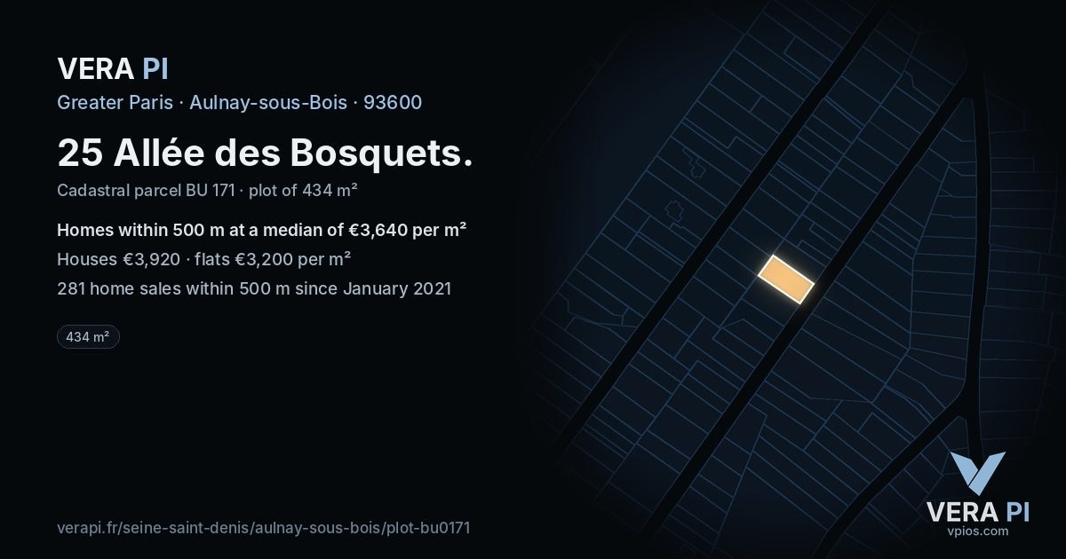 25 Allée des Bosquets, Aulnay-sous-Bois at night – the plot lit, the parcels around coloured by the prices near them