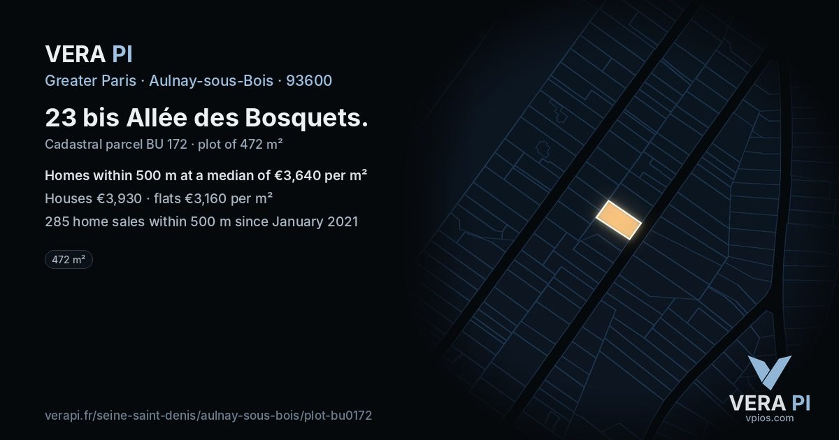 23 bis Allée des Bosquets, Aulnay-sous-Bois at night – the plot lit, the parcels around coloured by the prices near them
