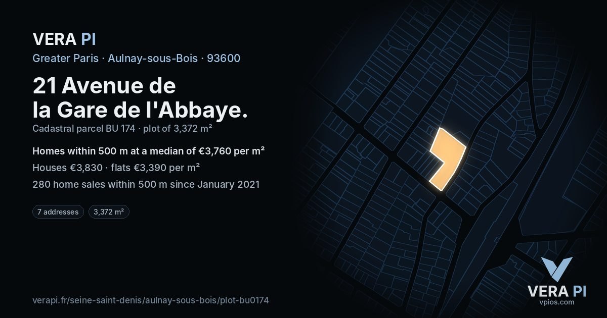 21 Avenue de la Gare de l'Abbaye, Aulnay-sous-Bois at night – the plot lit, the parcels around coloured by the prices near them