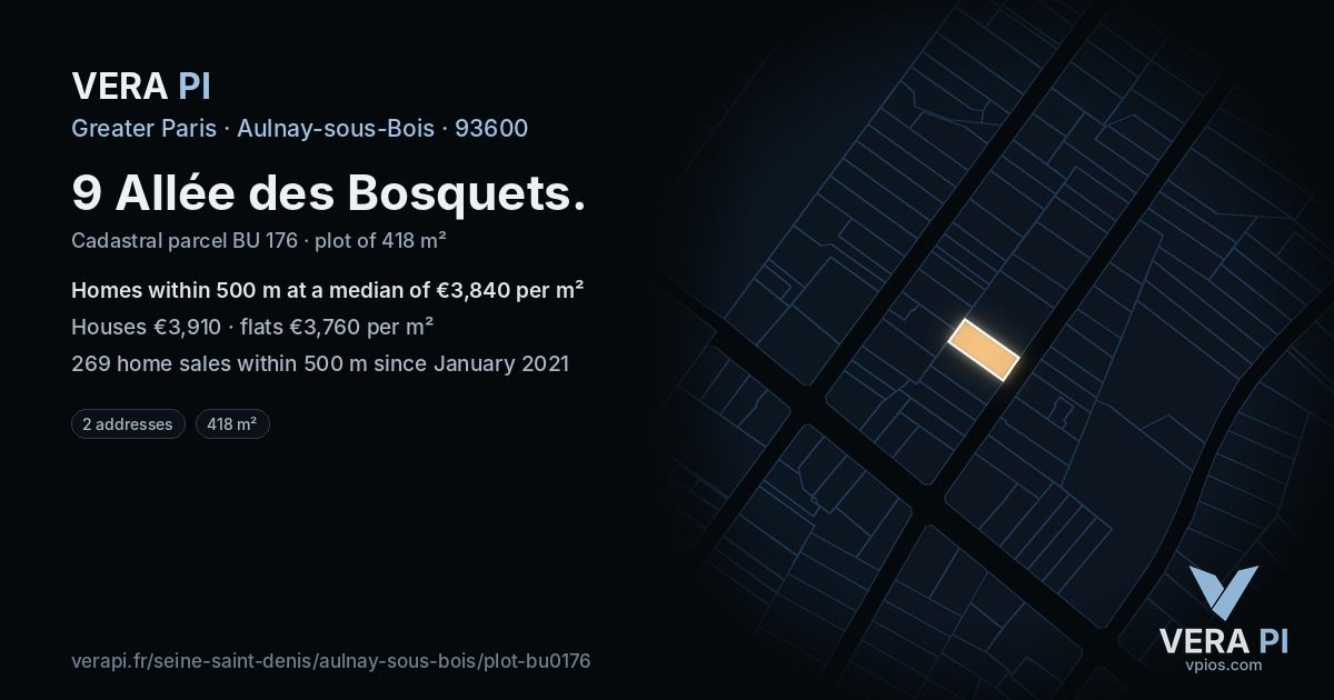 9 Allée des Bosquets, Aulnay-sous-Bois at night – the plot lit, the parcels around coloured by the prices near them