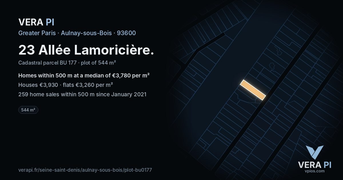 23 Allée Lamoricière, Aulnay-sous-Bois at night – the plot lit, the parcels around coloured by the prices near them