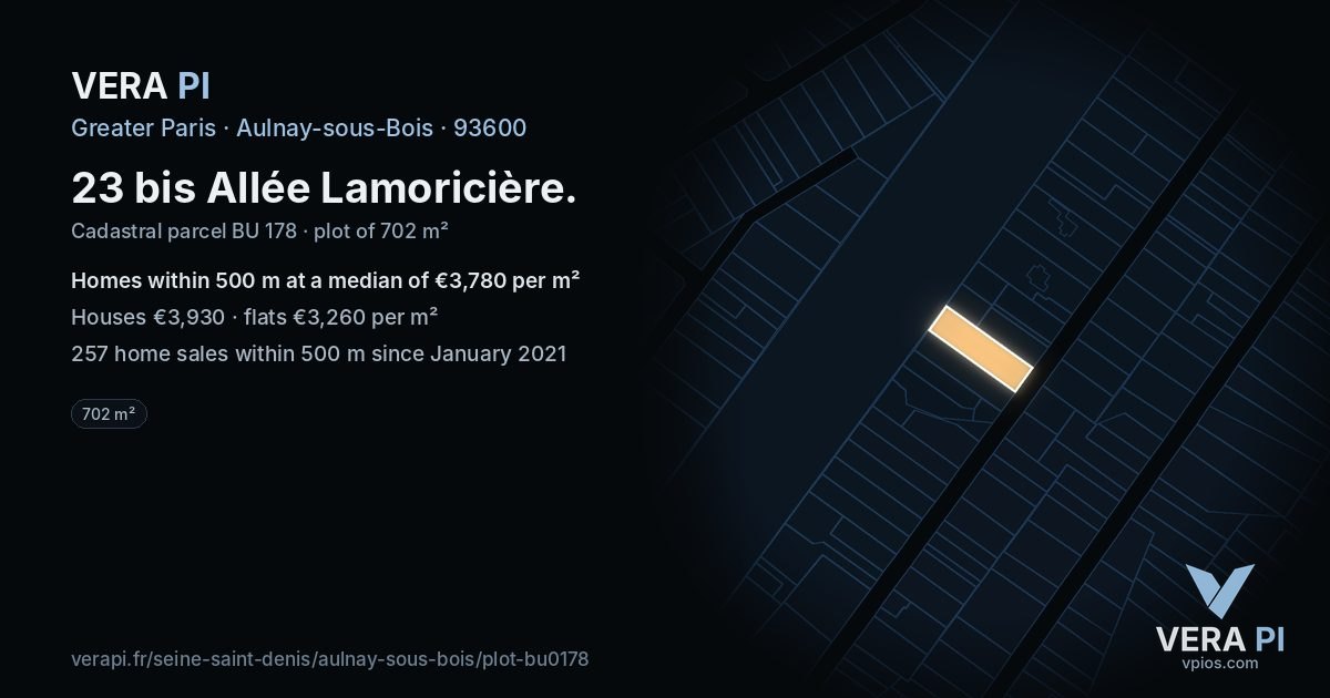 23 bis Allée Lamoricière, Aulnay-sous-Bois at night – the plot lit, the parcels around coloured by the prices near them