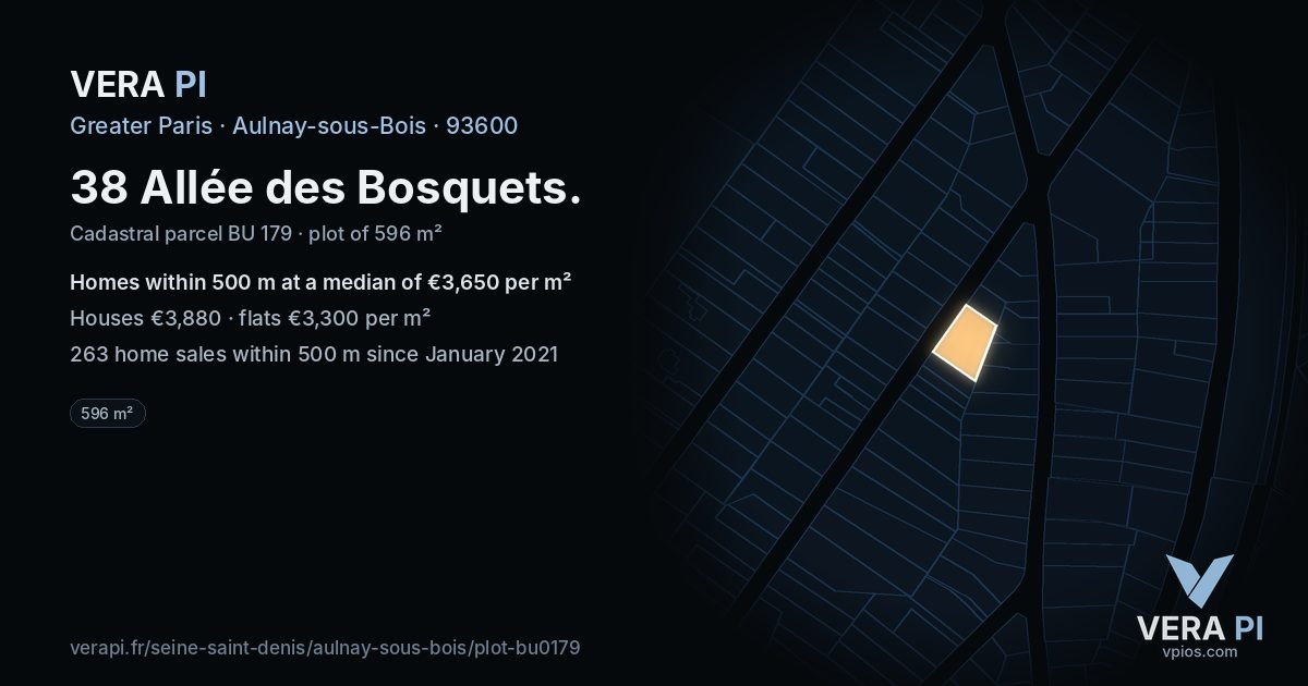 38 Allée des Bosquets, Aulnay-sous-Bois at night – the plot lit, the parcels around coloured by the prices near them