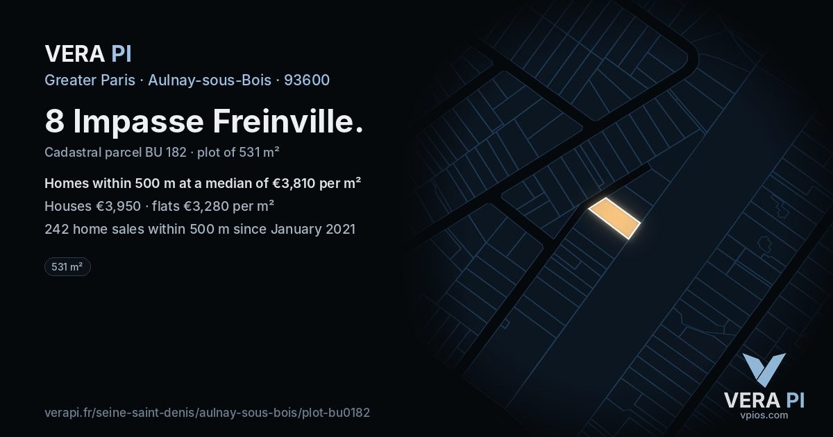 8 Impasse Freinville, Aulnay-sous-Bois at night – the plot lit, the parcels around coloured by the prices near them
