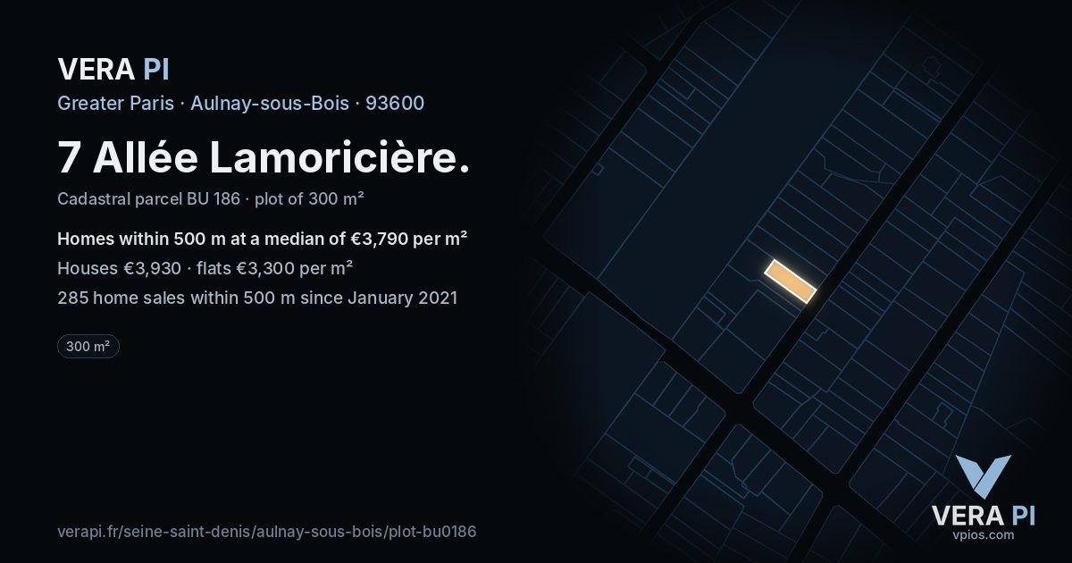 7 Allée Lamoricière, Aulnay-sous-Bois at night – the plot lit, the parcels around coloured by the prices near them