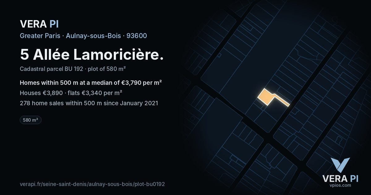 5 Allée Lamoricière, Aulnay-sous-Bois at night – the plot lit, the parcels around coloured by the prices near them
