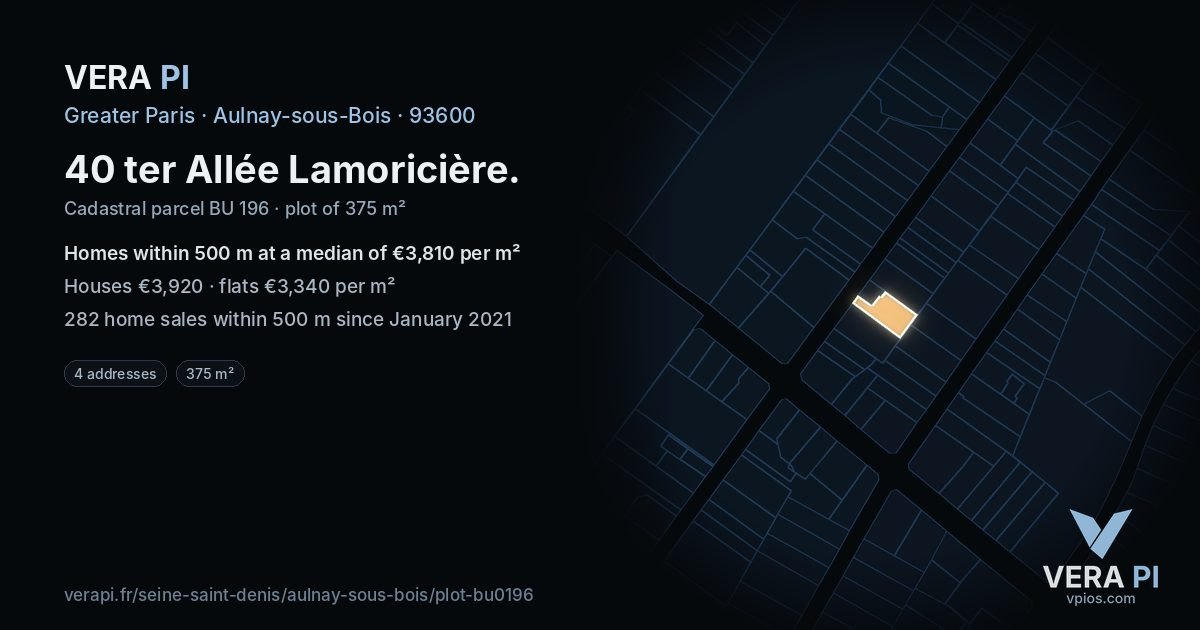40 ter Allée Lamoricière, Aulnay-sous-Bois at night – the plot lit, the parcels around coloured by the prices near them