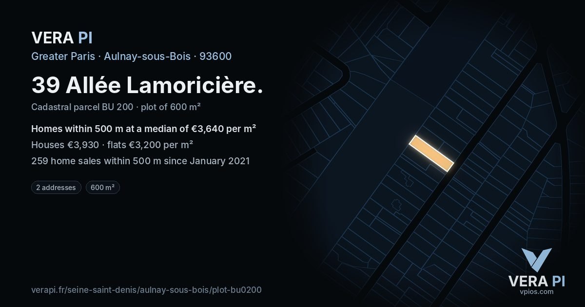 39 Allée Lamoricière, Aulnay-sous-Bois at night – the plot lit, the parcels around coloured by the prices near them
