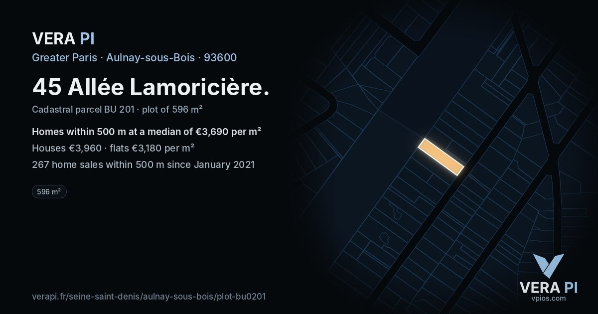 45 Allée Lamoricière, Aulnay-sous-Bois at night – the plot lit, the parcels around coloured by the prices near them