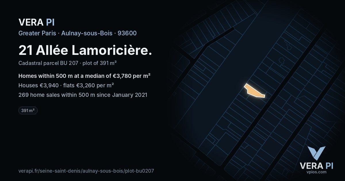 21 Allée Lamoricière, Aulnay-sous-Bois at night – the plot lit, the parcels around coloured by the prices near them