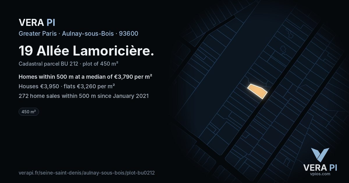 19 Allée Lamoricière, Aulnay-sous-Bois at night – the plot lit, the parcels around coloured by the prices near them