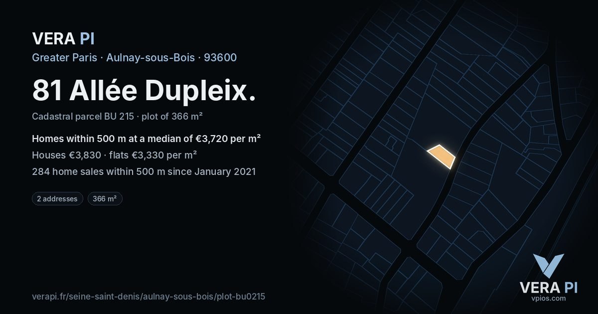 81 Allée Dupleix, Aulnay-sous-Bois at night – the plot lit, the parcels around coloured by the prices near them