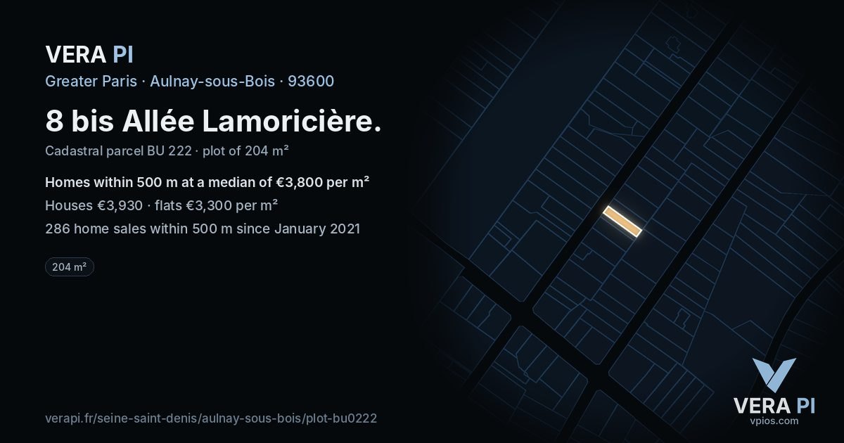 8 bis Allée Lamoricière, Aulnay-sous-Bois at night – the plot lit, the parcels around coloured by the prices near them