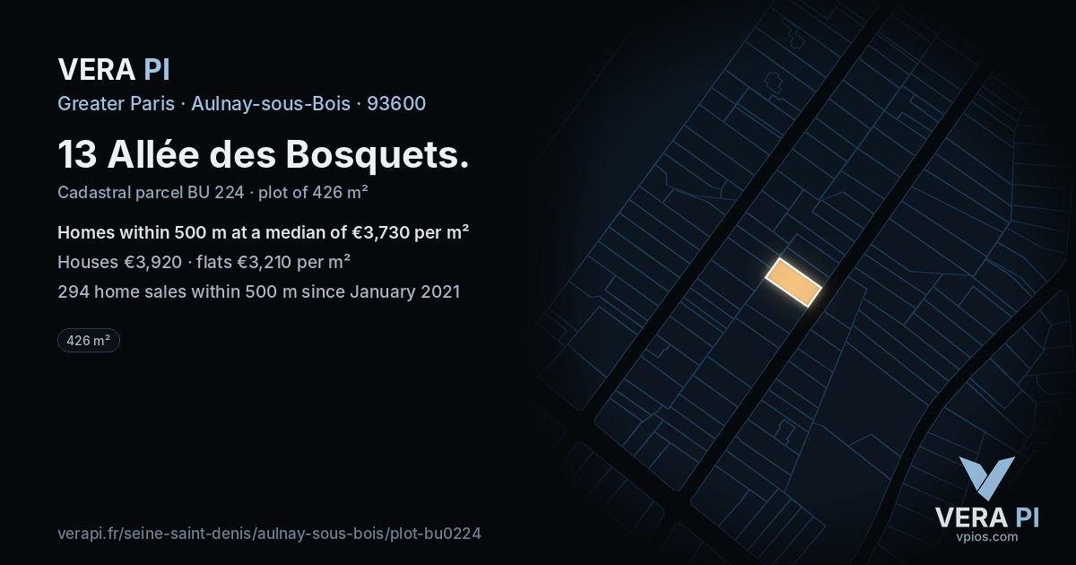 13 Allée des Bosquets, Aulnay-sous-Bois at night – the plot lit, the parcels around coloured by the prices near them