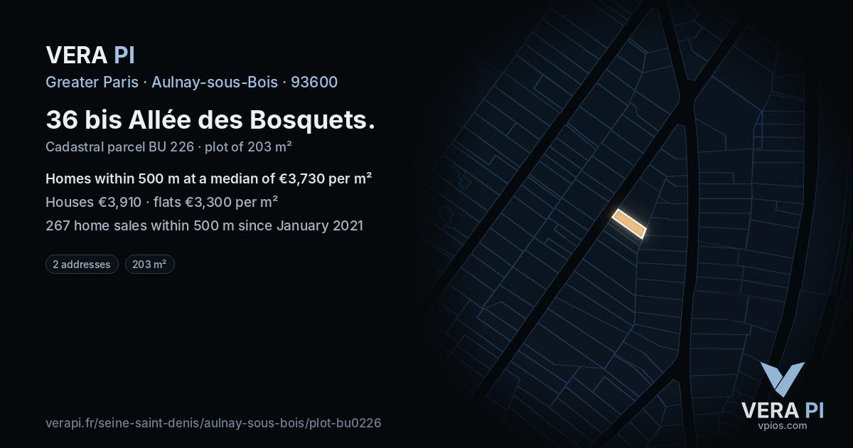 36 bis Allée des Bosquets, Aulnay-sous-Bois at night – the plot lit, the parcels around coloured by the prices near them