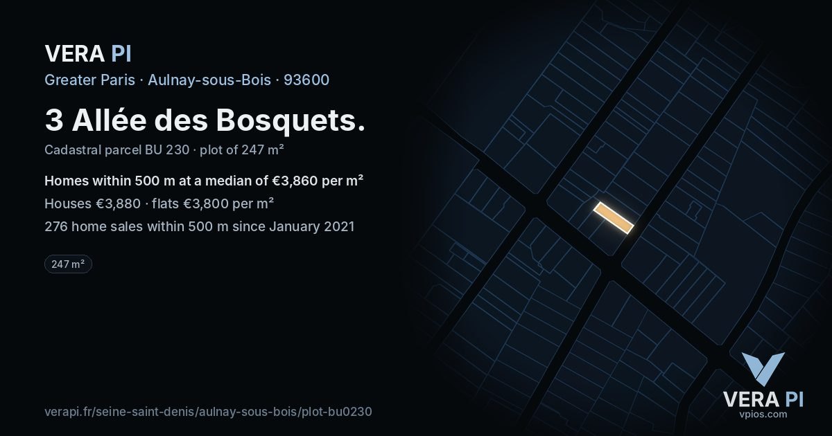 3 Allée des Bosquets, Aulnay-sous-Bois at night – the plot lit, the parcels around coloured by the prices near them