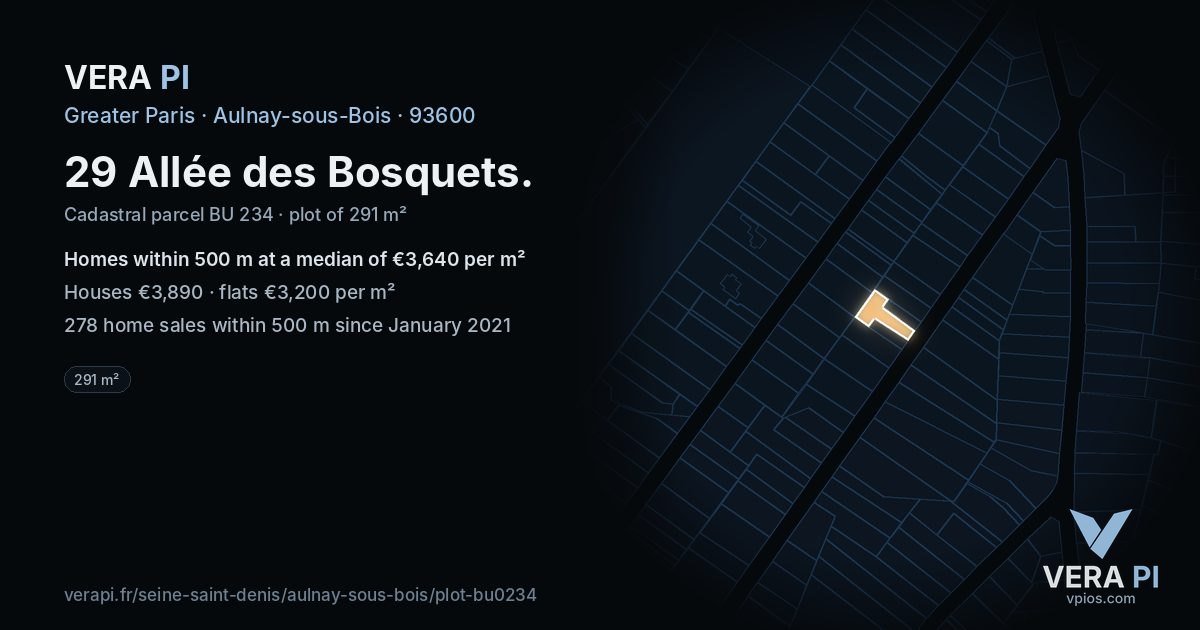 29 Allée des Bosquets, Aulnay-sous-Bois at night – the plot lit, the parcels around coloured by the prices near them