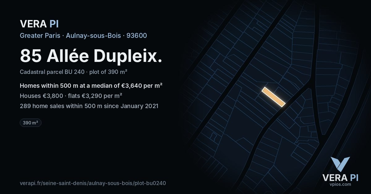 85 Allée Dupleix, Aulnay-sous-Bois at night – the plot lit, the parcels around coloured by the prices near them