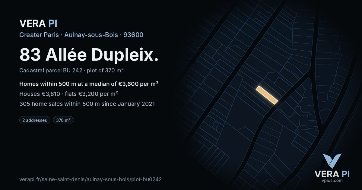 83 Allée Dupleix, Aulnay-sous-Bois at night – the plot lit, the parcels around coloured by the prices near them
