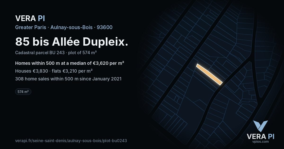 85 bis Allée Dupleix, Aulnay-sous-Bois at night – the plot lit, the parcels around coloured by the prices near them