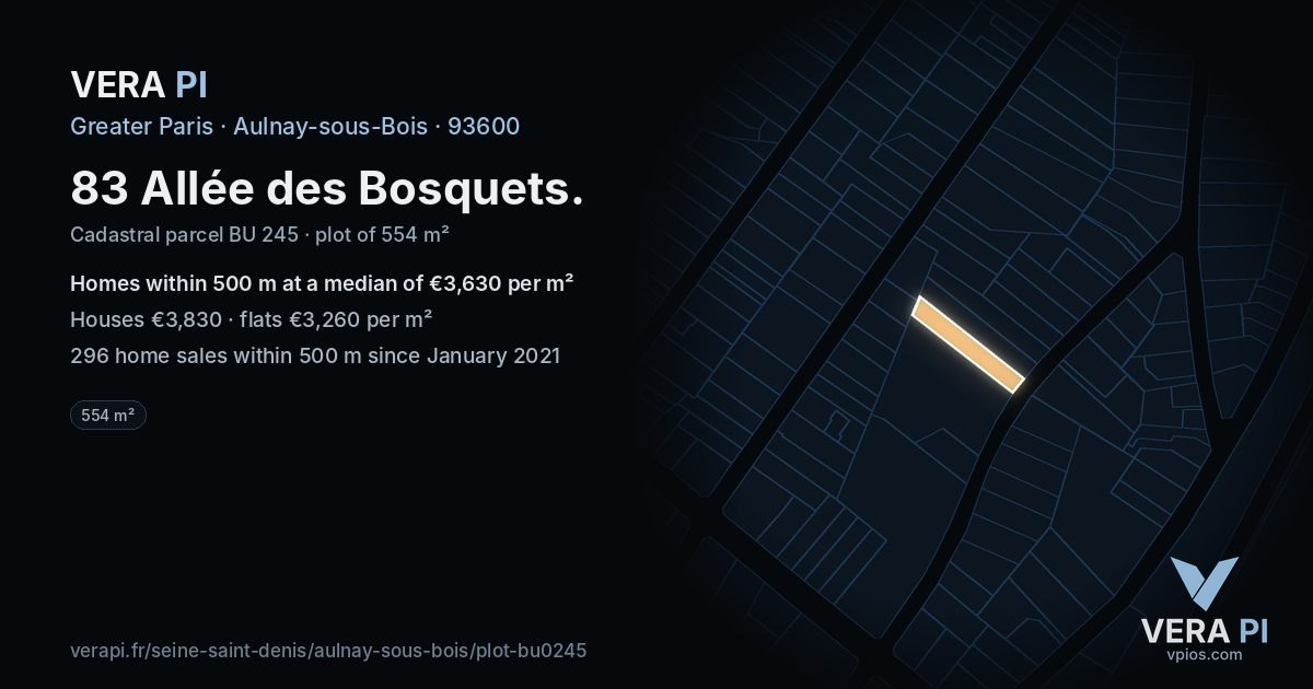 83 Allée des Bosquets, Aulnay-sous-Bois at night – the plot lit, the parcels around coloured by the prices near them