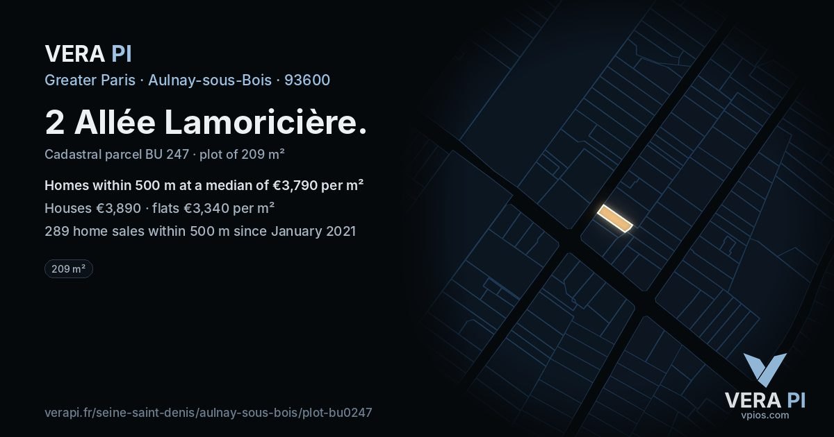 2 Allée Lamoricière, Aulnay-sous-Bois at night – the plot lit, the parcels around coloured by the prices near them