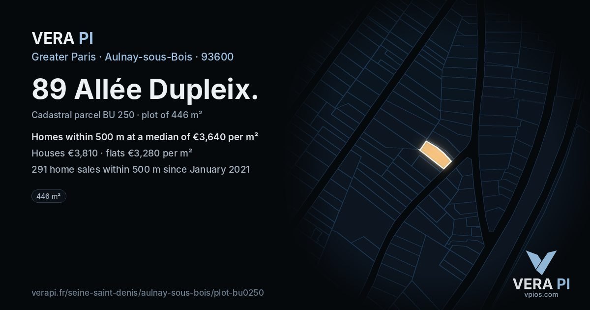 89 Allée Dupleix, Aulnay-sous-Bois at night – the plot lit, the parcels around coloured by the prices near them