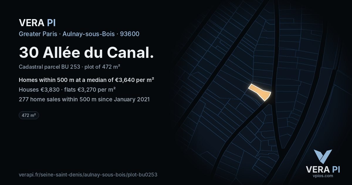 30 Allée du Canal, Aulnay-sous-Bois at night – the plot lit, the parcels around coloured by the prices near them