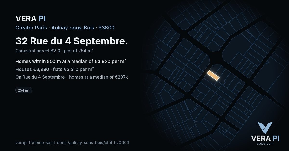 32 Rue du 4 Septembre, Aulnay-sous-Bois at night – the plot lit, the parcels around coloured by the prices near them