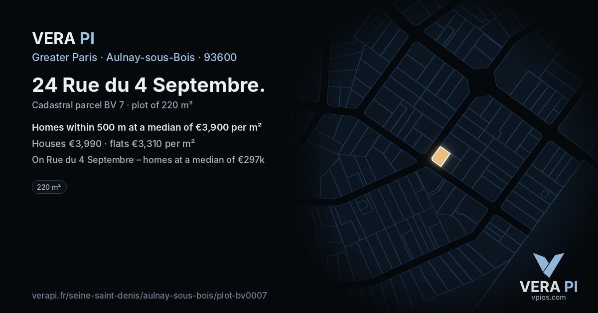 24 Rue du 4 Septembre, Aulnay-sous-Bois at night – the plot lit, the parcels around coloured by the prices near them