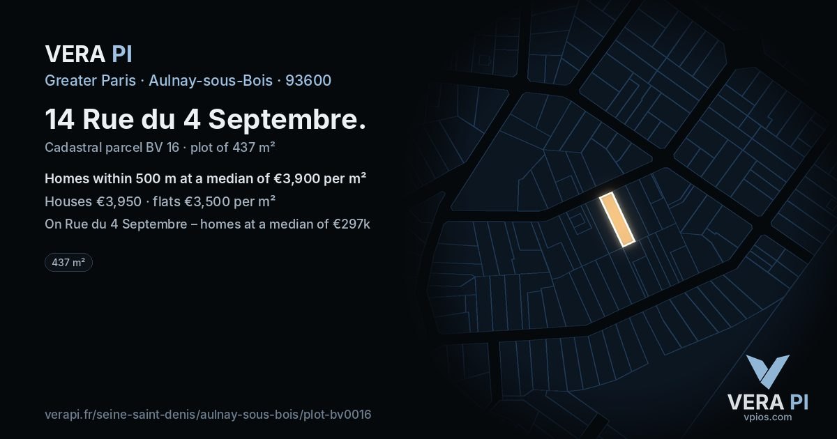 14 Rue du 4 Septembre, Aulnay-sous-Bois at night – the plot lit, the parcels around coloured by the prices near them