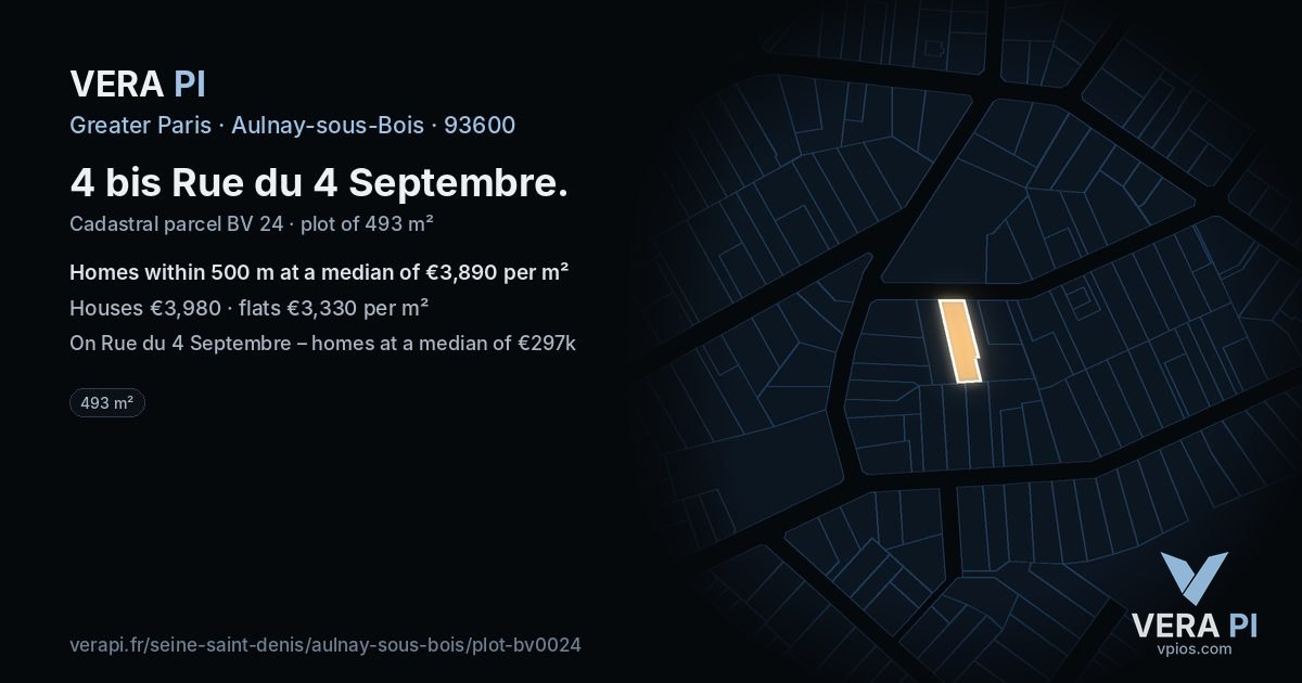4 bis Rue du 4 Septembre, Aulnay-sous-Bois at night – the plot lit, the parcels around coloured by the prices near them