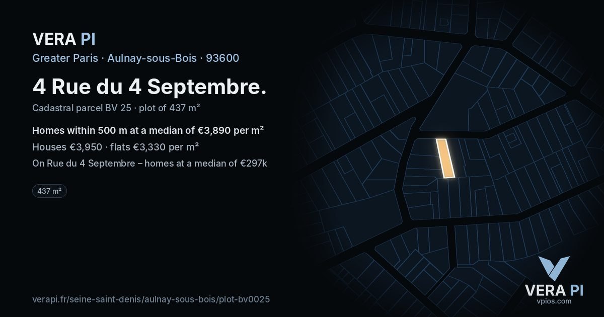 4 Rue du 4 Septembre, Aulnay-sous-Bois at night – the plot lit, the parcels around coloured by the prices near them