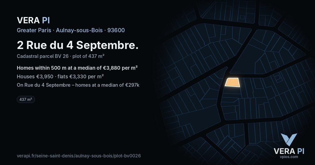 2 Rue du 4 Septembre, Aulnay-sous-Bois at night – the plot lit, the parcels around coloured by the prices near them