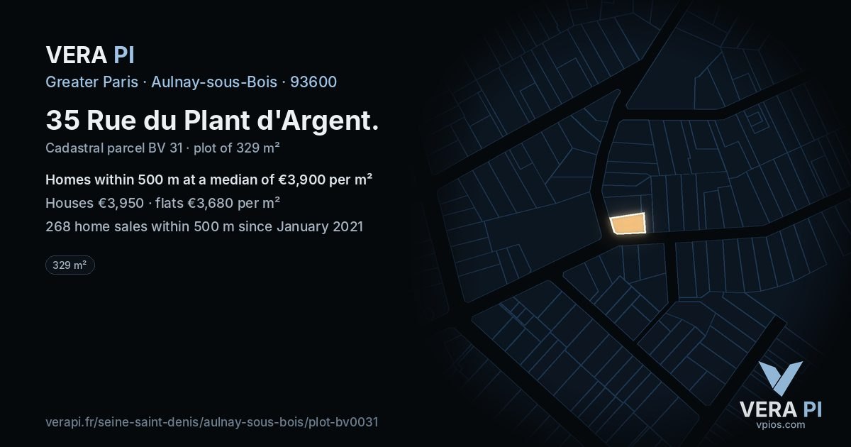 35 Rue du Plant d'Argent, Aulnay-sous-Bois at night – the plot lit, the parcels around coloured by the prices near them