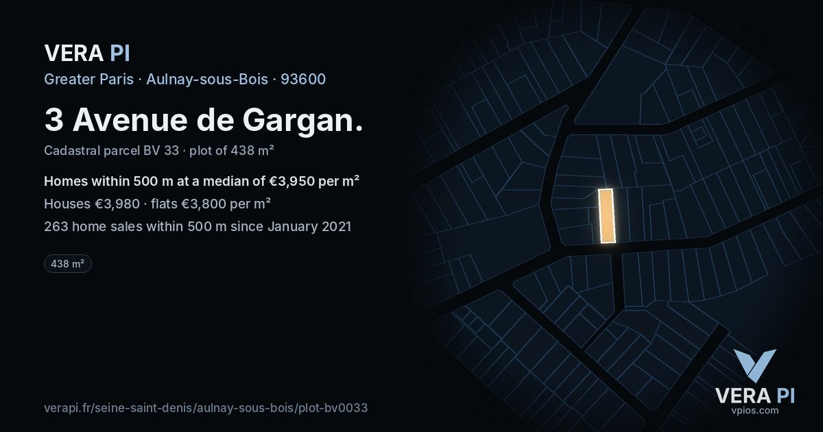 3 Avenue de Gargan, Aulnay-sous-Bois at night – the plot lit, the parcels around coloured by the prices near them