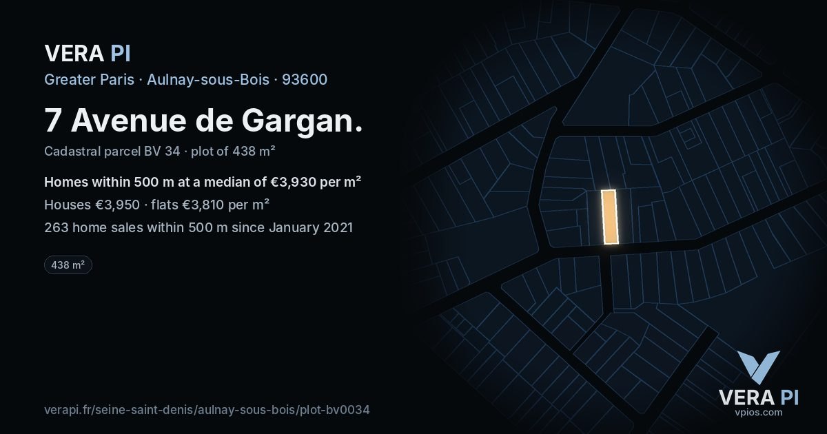 7 Avenue de Gargan, Aulnay-sous-Bois at night – the plot lit, the parcels around coloured by the prices near them