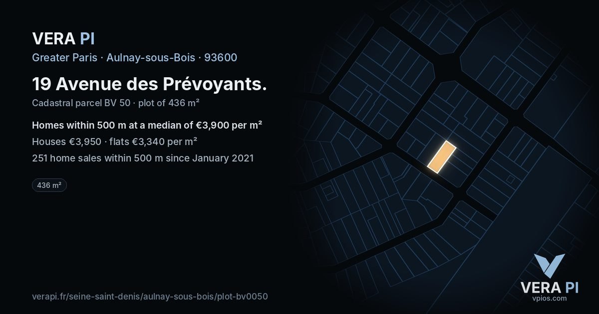 19 Avenue des Prévoyants, Aulnay-sous-Bois at night – the plot lit, the parcels around coloured by the prices near them