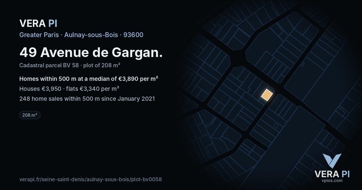 49 Avenue de Gargan, Aulnay-sous-Bois at night – the plot lit, the parcels around coloured by the prices near them